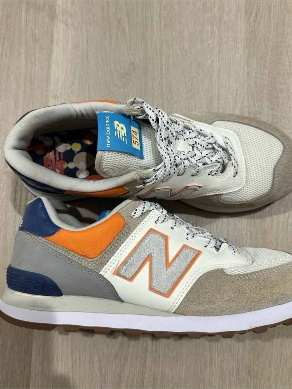 New Balance men 574 Sneakers in Orange, Gray & Blue